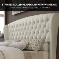 AMERLIFE Queen Size Platform Bed Frame, Chenille Upholstered Sleigh Bed with Scroll Wingback Headboard & Footboard/Button Tufted/No Box Spring Required/Cream - Image 5