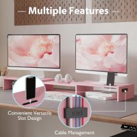 BONTEC Dual Monitor Stand for Desk, Adjustable Length and Angle Monitor Stand Riser with Smartphone Holder, Desk Shelf for Top of Desk, Computer Monitor Stand with Storage, Office Desk Organizer, Pink - Image 6