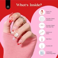 Cherry Press on Nails：Cherry of Love French Tips Press ons Cosmetic Nail Set Medium Almond 30 PCS 15 Sizes Pre-Designed Reusable Stick on Nails with Glue Manicure Gift for Women - Image 3