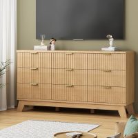 Fluted Dresser for Bedroom with 9 Drawers, 57" Wide Modern Chest of Drawers with Metal Handle, Wooden Dresser TV Stand, Wood Closet Clothes Storage Organizer for Living Room, Hallway, Natural Oak - Image 7