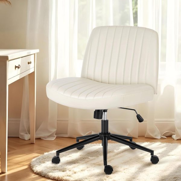 Simple Deluxe Criss Cross Chair with Wheels, Armless Legged Office Desk Chair, Comfy Swivel Rolling Vanity Chair, Ergonomic Fabric Modern Wide Seat Adjustable Home Office Chair Beige PU