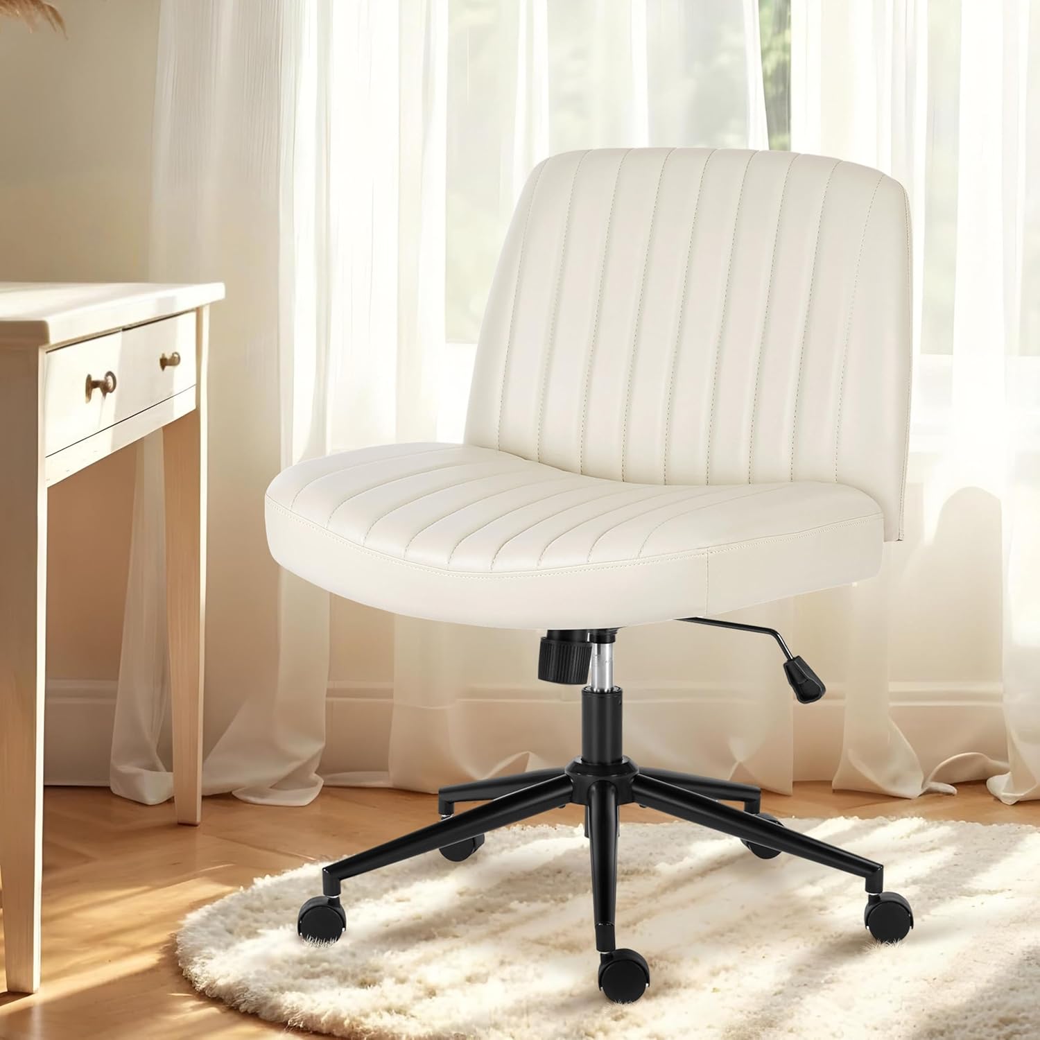 Simple Deluxe Criss Cross Chair with Wheels, Armless Legged Office Desk Chair, Comfy Swivel Rolling Vanity Chair, Ergonomic Fabric Modern Wide Seat Adjustable Home Office Chair Beige PU