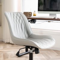 YOUNIKE Grey Ergonomic Home Office Desk Chair Armless Comfy Small Criss Cross Chair with Wheels Swivel Adjustable Modern Vanity Chair Wide Back Cute Leather Upholstered Rolling Task Chair No Arms - Image 4