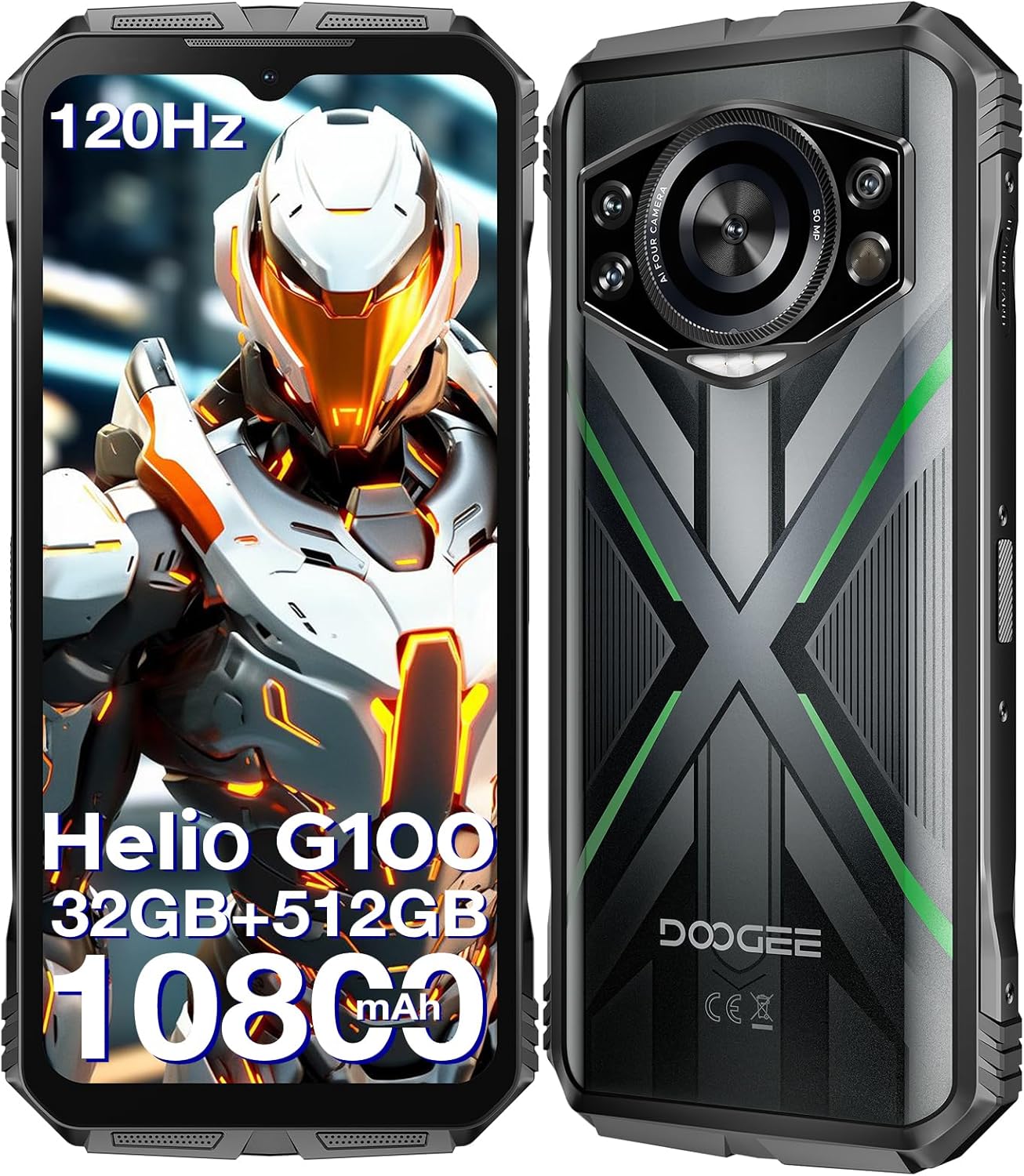DOOGEE S Cyber Pro Rugged Phone, 10800mAh Android 14 Rugged Smartphone, 32GB+512GB, Helio G100 Octa Core Gaming Phones, 6.6″ FHD+ 120Hz IPS Waterdrop Screen, 4G Dual SIM Mobile Phone, Green