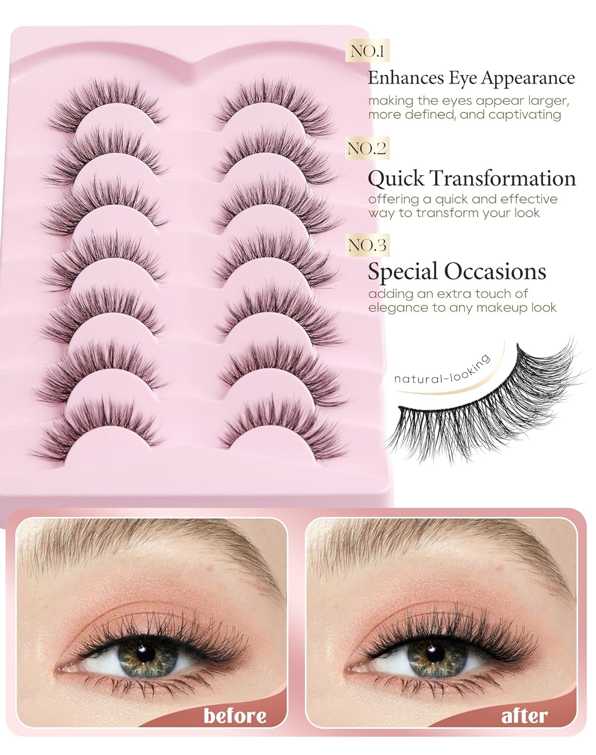 Onlyall Natural Lashes Wispy Lashes Natural Look False Eyelashes Natural Flared Eyelashes False Eye Lashes Soft Fluffy Lashes 7 Pairs D-K06, Black - Image 3