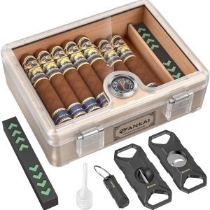Humidor Cigar Box, with Straight Cutter Guillotine, V cut, Puncher & Holder Tool, Glass top Cigars Case, Cedar Wood Lining, Humidifier Hygrometer Accessories, Cigar Gift Set