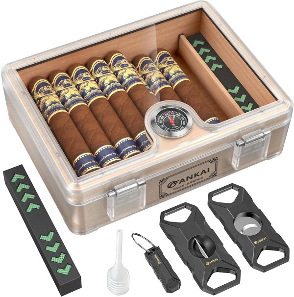 Humidor Cigar Box, with Straight Cutter Guillotine, V cut, Puncher & Holder Tool, Glass top Cigars Case, Cedar Wood Lining, Humidifier Hygrometer Accessories, Cigar Gift Set
