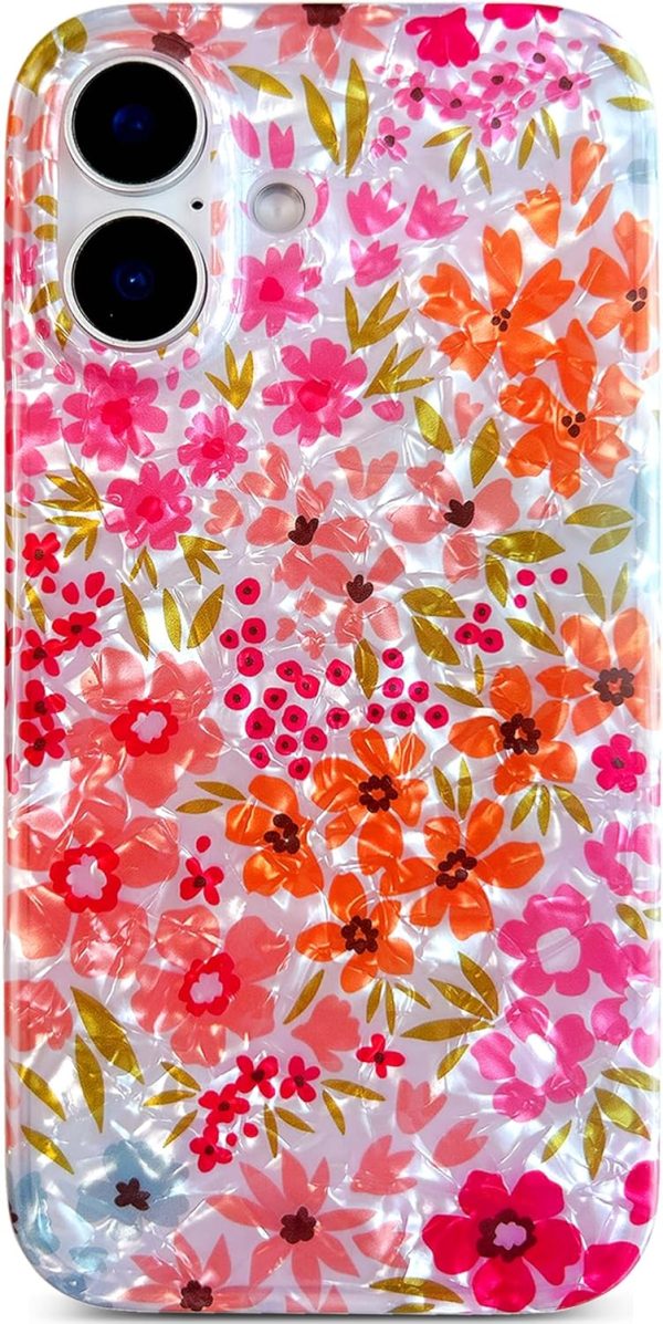 Qokey Compatible for iPhone 16 Case 6.1",Cute Garden Flowers Design for Women Shell Pattern Soft Bumper Lightweight Slim Fit TPU Shockproof Non-Yellowing Phone Cover for iPhone 16, Pink Floral
