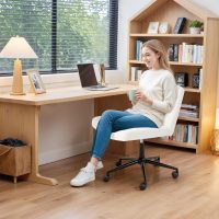Furmax Cross Legged Office Chair with Wheels, Armless Desk Wide Chair, Adjustable Swivel Padded Fabric Vanity Computer Task Chair (Beige) - Image 4