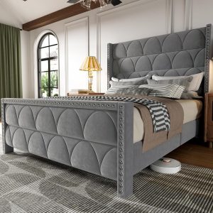 Queen Size Bed Frame with 56" Headboard - 1000LBS Capacity Support, Velvet Upholstered Wingback Platform Bed Frame, Noise Free, Sturdy Wooden Slat Support