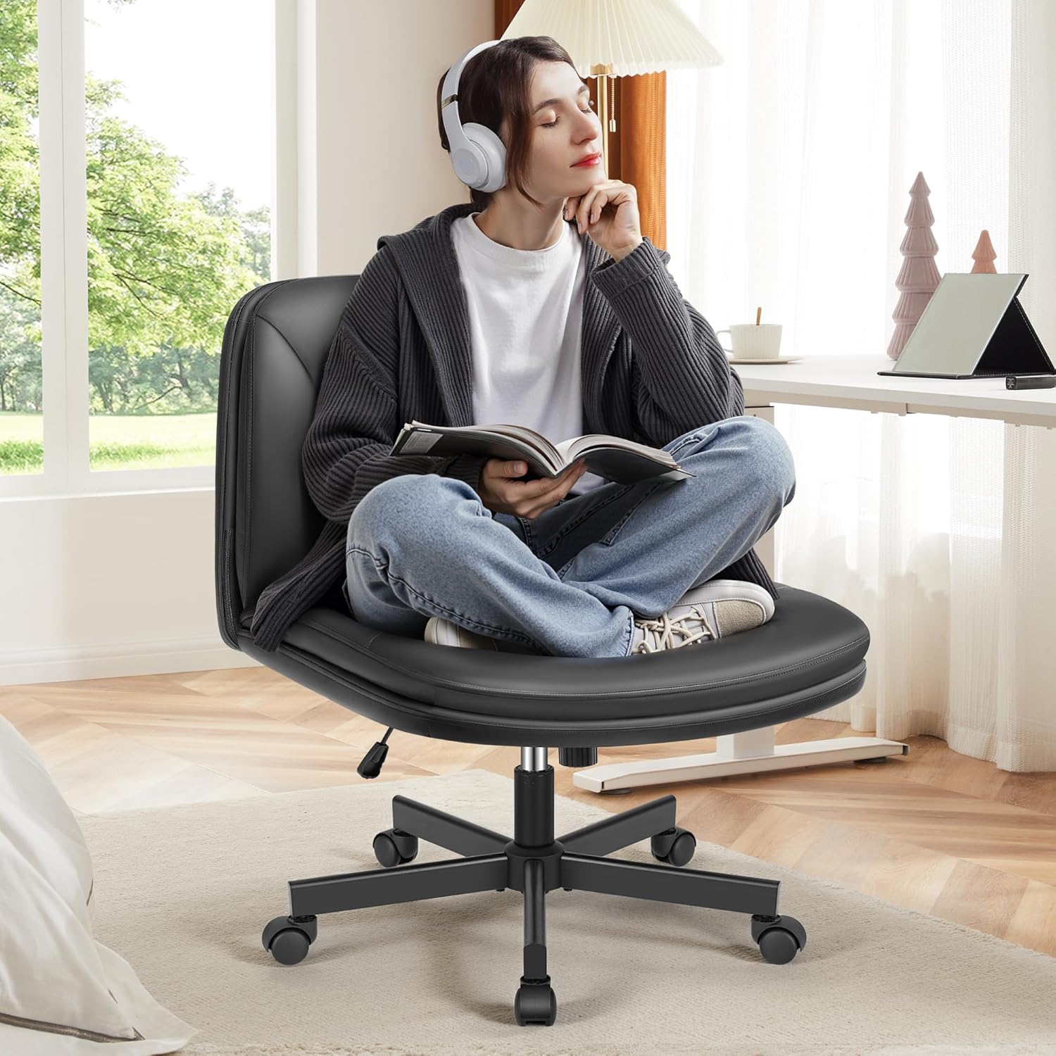 FelixKing Criss Cross Chair with Wheels, Cross Legged Office Chair, Armless Wide Vanity Desk Chair with Comfty PU Leather & Back – Swivel Height Ajustable for Home Office Bedroom, Black