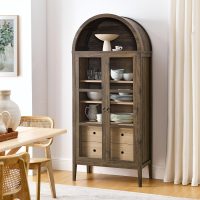 Modway Nolan Modern Farmhouse 71 Inch Tall Arched Storage Display Cabinet in Walnut Hickory Wood Grain - 4-Tier Bookcase with Glass Doors and Shelves - Arch Accent Cabinet for Living Room - Image 4