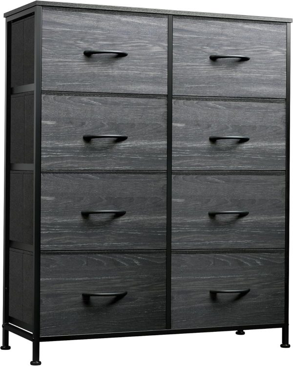 WLIVE Fabric Dresser for Bedroom, Tall Dresser with 8 Drawers, Storage Tower with Fabric Bins, Double Dressers, Chest of Drawers for Closet, Living Room, Dormitory, Charcoal Black Wood Grain Print