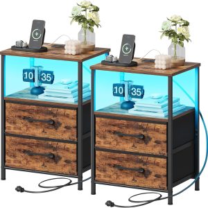Nightstands Set of 2, Night Stand with Charging Station and Led Lights, Bedside Table with 2 Fabric Drawers for Bedroom, Small Side End Table with Open Shelf, Rustic Brown
