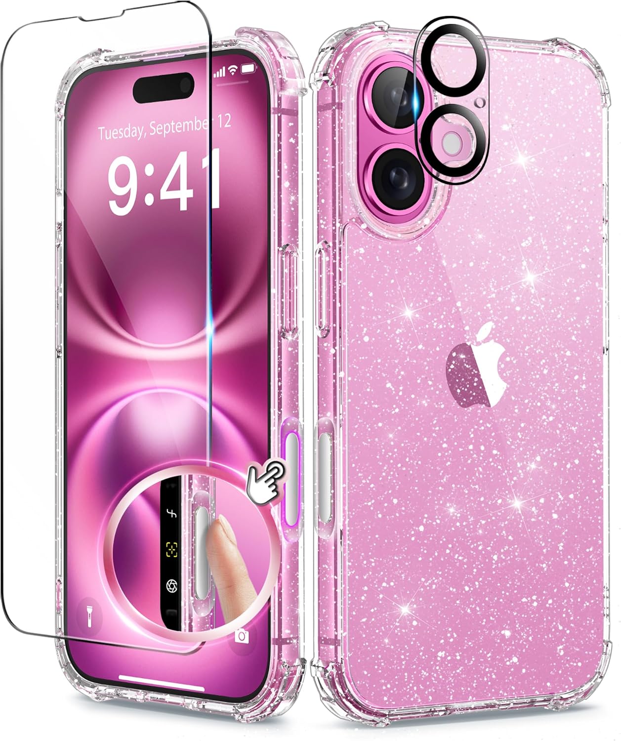 BERFY Compatible with iPhone 16 Case Glitter, [3 in 1] with Screen Protector + Camera Lens Protector, [Non-Yellowing] Clear Sparkle Slim Shockproof Hard Phone Cover for Women 6.1″, Shiny Clear