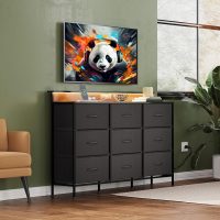 WLIVE Black TV Stand for 45, 50, 55 inch TV, Entertainment Center with LED Lights & Charging Station, TV Media Console Table with 9 Fabric Drawers and Open Shelves for Living Room, Hallway, Wood Top - Image 2