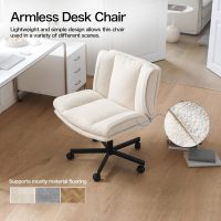 LEAGOO Criss Cross Chair with Wheels, Furry Armless Desk Chair, Comfy Wide Seat Cross Legged Office Chair, Stylish Height Adjustable Cute Swivel Vanity Chair for Home Office, Make Up, Cream White - Image 7