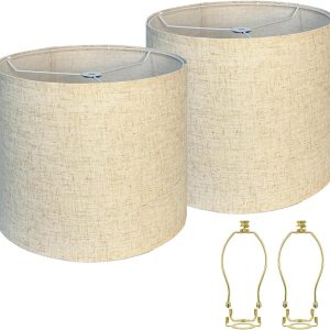 Lampshades Set of 2, 11.02" Top x 11.02" Bottom x 9.5" High, Drum Lamp shades，Medium Lamp shade, Beige Lampshade Natural Linen Hand Crafted, see installation video here (11.02x11.02x9.5 with holders)