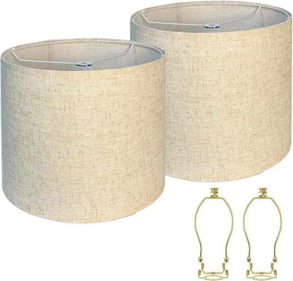 Lampshades Set of 2, 11.02" Top x 11.02" Bottom x 9.5" High, Drum Lamp shades，Medium Lamp shade, Beige Lampshade Natural Linen Hand Crafted, see installation video here (11.02x11.02x9.5 with holders)