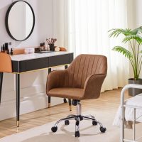 Yaheetech Modern Faux Leather Desk Chair Makeup Chair Height Adjustable Swivel Office Task Computer Armchair for Living Room Retro Brown - Image 2