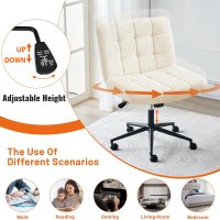Criss Cross Legged Chair, Faux Fur Upholstered Office Chair with Wheels, Adjustable Armless Desk Chair with Wide Thicken Seat, Computer Chairs for Living Room, Study Room, Home Office, IvoryWhite - Image 7
