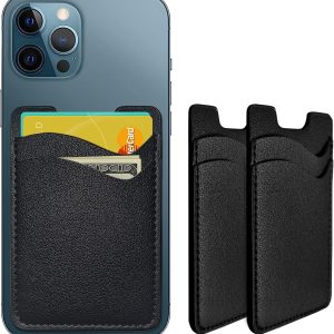 Phone Card Holder, Leather Phone Wallet Stick On, Card Holder for Back of Phone Credit Card Holder for Phone Case Compatible with Most of Cell Phone (iPhone, Samsung) - 2Pack Black