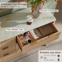 T4TREAM Fluted 6 Drawers Dresser, 54" Wide Modern Chest of Drawers with Faux Marble Top, Curved Profile Design, Dresser TV Stand, Wood Drawer Organizer for Bedroom, Living Room, Hallway, Natural Oak - Image 4