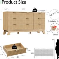 Fluted Dresser for Bedroom with 9 Drawers, 57" Wide Modern Chest of Drawers with Metal Handle, Wooden Dresser TV Stand, Wood Closet Clothes Storage Organizer for Living Room, Hallway, Natural Oak - Image 2