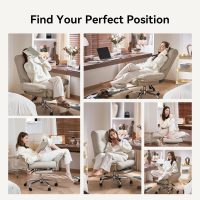 EMIAH Office Chair with Foot Rest Criss Cross Chair with Wheels and Flip-up Arms Reclining Desk Chair Comfy Wide Seat PU Leather Rolling Computer Home Office Chair (Beige) - Image 4