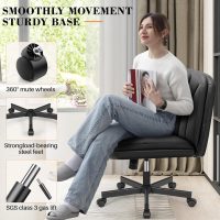 FelixKing Criss Cross Chair with Wheels, Cross Legged Office Chair, Armless Wide Vanity Desk Chair with Comfty PU Leather & Back - Swivel Height Ajustable for Home Office Bedroom, Black - Image 5
