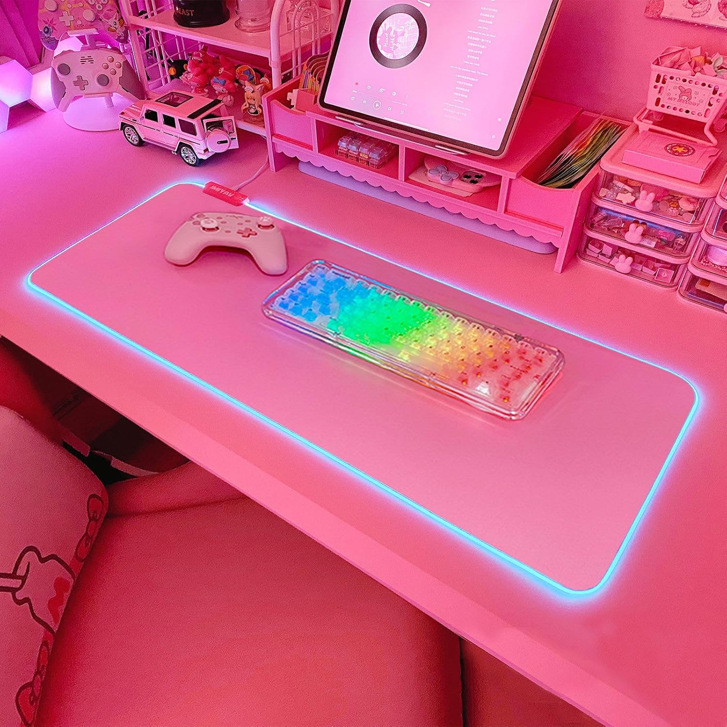 JMIYAV Pink RGB Gaming Mouse Pad 31.5×12 Inch PC XL Large Extended Glowing Led Light Up Desk Pad Non-Slip Rubber Base Computer Cute Mousepad Mat Desk Accessories Gaming Setup 31.5×12 Inch