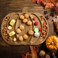 Sliner Fall Harvest Large Pumpkin Wooden Serving Platter 15x12 in Rustic Pumpkin Snack Fruit Meat Cheese Board Charcuterie Board Sectional Dish Plate for Thanksgiving(Walnut Color,Pine) - Image 6