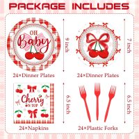 Cherry Baby Shower Decorations - 96 Pcs Red Cherries Bow Disposable Paper Dessert Plates Napkins Forks Tableware Set Summer Fruit Gender Reveal Party Supplies for Girls Serves 24 Guests - Image 2