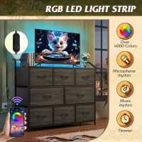 WLIVE Led Dresser for Bedroom, TV Stand for Bedroom with LED Lights and Power Outlet, Wide Chest of Drawers for Hallway, 8 Fabric Drawers for Living Room and Entryway, Charcoal Black Wood Grain Print - Image 6