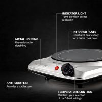 OVENTE Countertop Infrared Single Burner, 1000W Electric Hot Plate with 7” Ceramic Glass Cooktop, 5 Level Temperature Setting & Easy to Clean Base, Compact Stove for Home Dorm Office, Silver BGI101S - Image 2