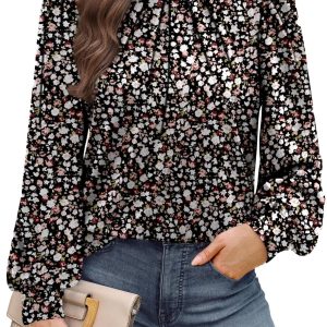 WIHOLL Long Sleeve Shirts for Women Mock Neck Tops Pleated Front Blouses Dressy Casual Fall Clothes 2025 Fashion