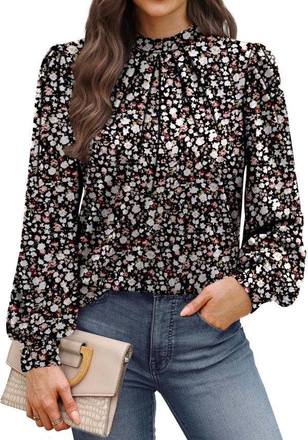 WIHOLL Long Sleeve Shirts for Women Mock Neck Tops Pleated Front Blouses Dressy Casual Fall Clothes 2025 Fashion