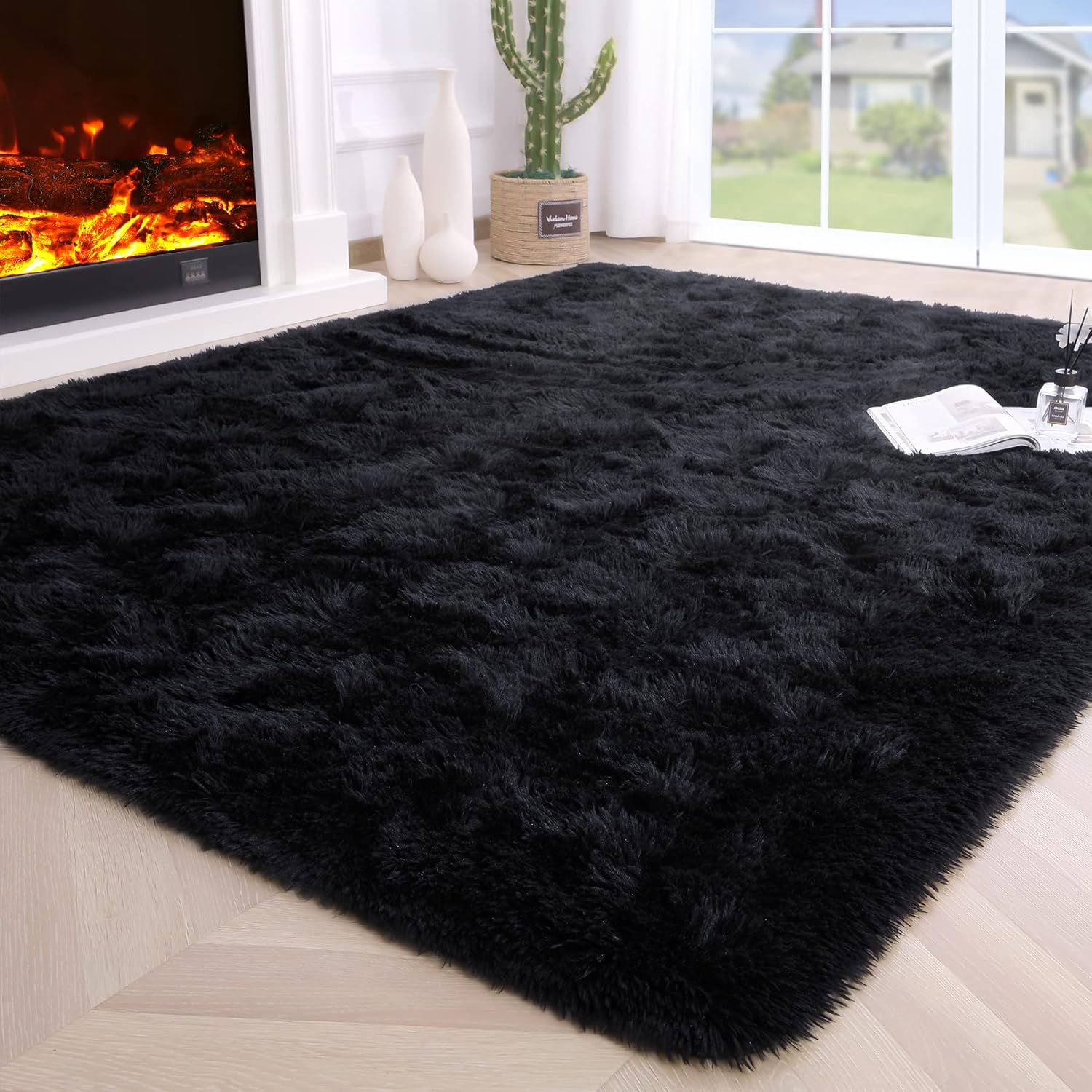Noahas Fluffy Black Area Rugs for Bedroom Living Room,4×5.3 Feet Thick Shag Throw Floor Carpet,Soft Shaggy Non-Slip Plush Dorm Nursery Kids Rug Home Decor Aesthetic
