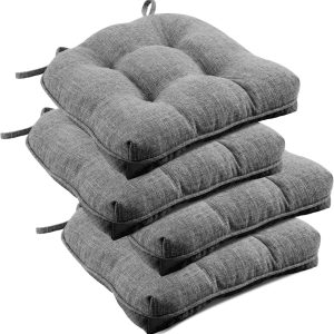 downluxe Indoor Chair Cushions for Dining Chairs, Tufted Overstuffed Textured Foam Kitchen Chair Pads with Ties and Non-Slip Backing, 15.5" x 15.5" x 4", Dark Grey, 4 Pack