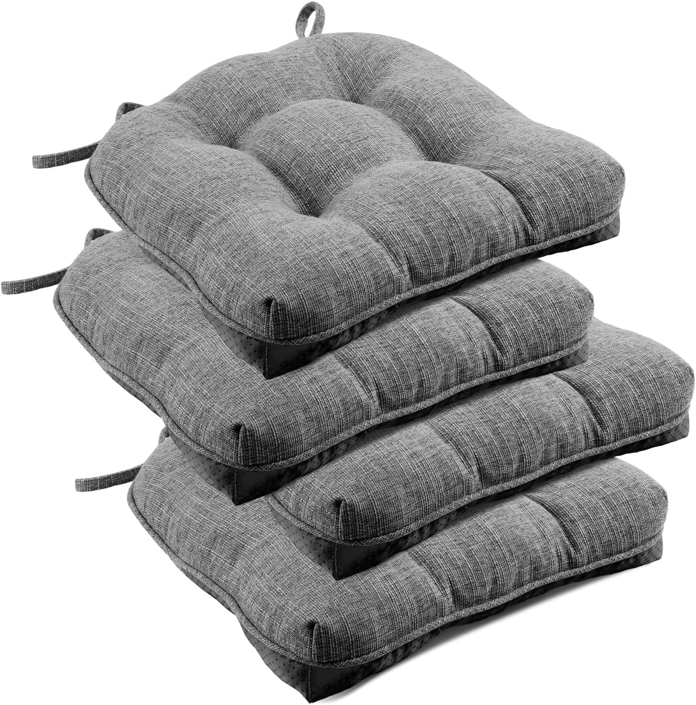 downluxe Indoor Chair Cushions for Dining Chairs, Tufted Overstuffed Textured Foam Kitchen Chair Pads with Ties and Non-Slip Backing, 15.5″ x 15.5″ x 4″, Dark Grey, 4 Pack