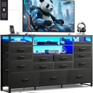 WLIVE Black TV Stand for 55, 60, 65 inch TV, Entertainment Center with LED Lights & Charging Station, TV Media Console Table with 15 Fabric Drawers and Open Shelves for Living Room, Hallway, Wood Topm