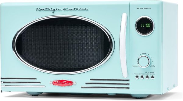 Nostalgia Retro Countertop Microwave Oven, 0.9 Cu. Ft. 800-Watts with LED Digital Display, Child Lock, Easy Clean Interior, Aqua