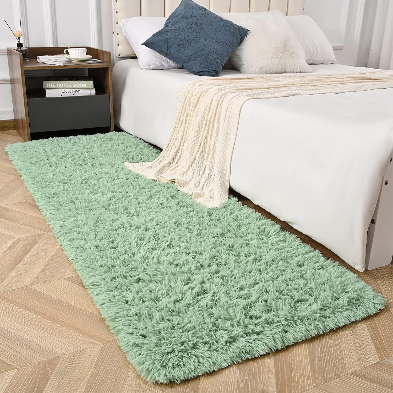 Sage Green Runner Area Rugs for Bedroom Living Room, 2×4 Feet Fluffy Bedside Rugs, Soft Shaggy Carpet Rug for Kids Room Nursery, Furry Rugs for Girls Boys Dorm Room Home Decor