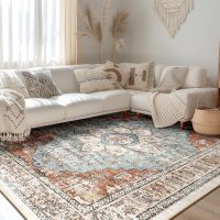 BESTSWEETIE 8x10 Area Rug Washable Rugs for Living Room, No Pile Boho Carpet for Entryway Bedroom Dinning Room, Vintage Carpet Print Distressed Non-Slip, 8 x 10 ft, Green Brick Rust Red - Image 2