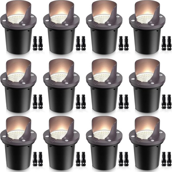 SUNVIE 12 Pack Low Voltage Landscape Lighting 12W LED Outdoor In-Ground Waterproof Shielded Well Lights Warm White Paver Lights with Wire Connectors for Pathway Garden Yard Fence Deck