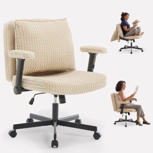 Fizzin Criss Cross Chair,Cross Legged Chair with Wheels and Arms,27" Wide Seat Office Desk Chair with Flipable Back Cushion,Mid Back Beige Swivel Chair for Home Office,Bedroom Vanity(Beige)