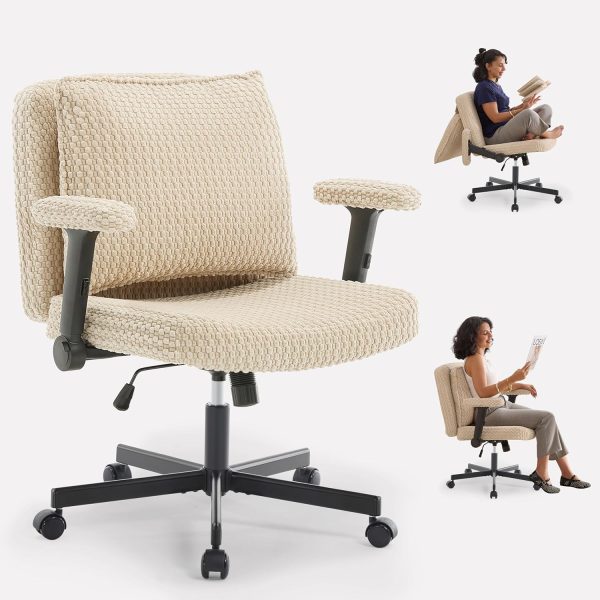 Fizzin Criss Cross Chair,Cross Legged Chair with Wheels and Arms,27" Wide Seat Office Desk Chair with Flipable Back Cushion,Mid Back Beige Swivel Chair for Home Office,Bedroom Vanity(Beige)