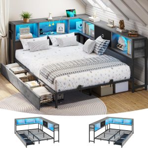 DICTAC Corner Full Bed Frame with Bookcase Storage and Led Lights Full Size Metal Platform Bed Frame with Storage Drawers & Charging Station Full Daybed for Living Room,Bedroom,Guest Room,Oak Gray