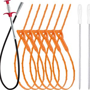 35.5inch Drain Clog Remover(1pcs), 25inch Drain Snake Hair Remover(6pcs) ＆ Cleaning Brush(2pcs), Hair Catcher Drain Auger Cleaner Tool Set For Toilet, Kitchen Sink, Bathroom Tub, Sewer, 9 Pack