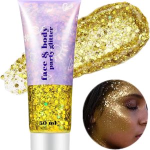 Go Ho Gold Face Body Glitter,Mardi Gras Glitter Makeup Gold Face Paint,Holographic Chunky Sequins Glitters for Eye Lip Hair Nails,Festival Rave Accessories,52g